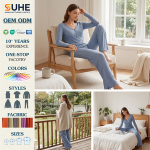 Conjunto de Pijama Térmico de Otoño/Invierno para Mujer, 100% Algodón Orgánico, Elegante, Tejido, con Cordón Ajustable, Top Henley de Manga Larga con Cuello en V y Pantalones Ajustados - Product Image 2