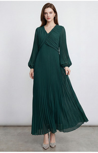 PY 2026 New Arrival Casual Miyake Pleated Dress Fashion V-Neck Lantern Sleeve Pleated Tiered Maxi Dress Bulk Clothing Wholesale - Product Image 3
