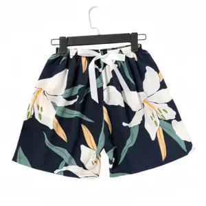 Women Casual Summer Wide Leg Shorts Bow Elastic Waist Floral Print Pajamas Pants Plus Size Lady Home-Wear Beach Shorts