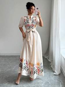 Vestido Largo Bohemio Vintage de Línea A, Tejido 100% Algodón, Manga Corta, Solapa Bordada, Cintura Natural, Tinte Liso, Lavable, con Bolsillos - Product Image 5