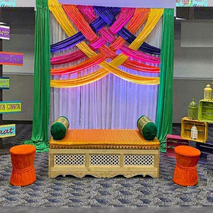 Wedding Mehndi Ceremony Wooden Moroccan <b>Bed</b> Set Traditional Wooden Moroccan <b>Bed</b> Set With Colorful Fabric Drapes For Mehndi Stage - Product Image 1