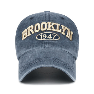 Nouvelle casquette de baseball en coton lavé, broderie texte Brooklyn 1947, 6 panneaux, large visière, protection solaire, style simple et décontracté, printemps/automne, version anglaise - Product Image 1