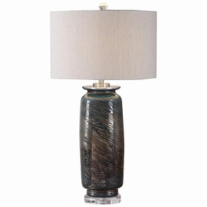 Lampe de table moderne empilée en verre martelé transparent et laiton antique |   Éclairage contemporain élégant pour hôtel de villégiature et maison - Product Image 2