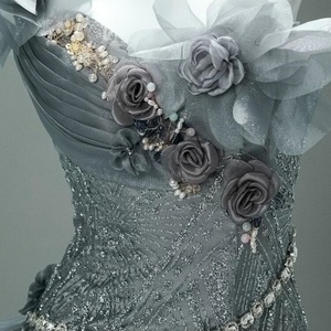 JFH83 Asymmetric Gray Crystal Mermaid Evening Party <b>Dress</b> <b>Ruffle</b> Lace Beading Appliques Chiffon Print Design Natural Chapel - Product Image 5