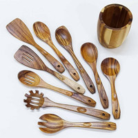 Ensemble de 10 ustensiles de cuisine en bois de teck naturel avec porte-cuillères pour la cuisine