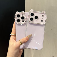 Coque de téléphone mignonne 3D couleur unie avec oreilles de chat pour iPhone 17 16 15 14 13 Pro Max, avec cadre d'appareil photo en strass scintillant et protection antichoc