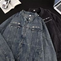 Fabricant en gros OEM ODM Veste en jean en coton pour homme Col montant Fermeture éclair Bleu rétro Logo personnalisé Prix de gros Streetwear Y2K
