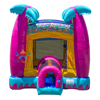 Château gonflable tropical accrocheur pour usage commercial, décoration de palmier, aire de jeux pour carnaval d'été et location de fête