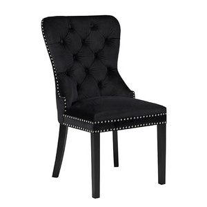 <span class=keywords><strong>Sedie</strong></span> da Pranzo Eleganti di Lusso in Velluto Nero con Gambe in Legno Massello Laccato Nero e Dettagli in Ottone Dorato, Stile Francese - Product Image 1