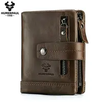 HUMERPAUL-billetera de cuero de vaca para hombre, billetera con doble bolsillo de cremallera, media, extraíble