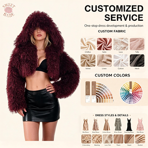 Manteau court tendance 2026 pour femme, en fausse fourrure bouclée bordeaux, à capuche, ouvert sur le devant, style shaggy, idéal pour les soirées en club - Product Image 1