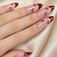 Ongles à presser 3D personnalisés en gros, style French Tip cerise, forme amande, rouge bordeaux, faux ongles marque privée