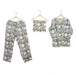 Conjunto de Pijama de Manga Larga para Mujer, 100% Algodón, Estampado Floral Hecho a Mano, Cuello Redondo, Suave y Cómodo, Cintura Elástica, para Primavera - Product Image 1