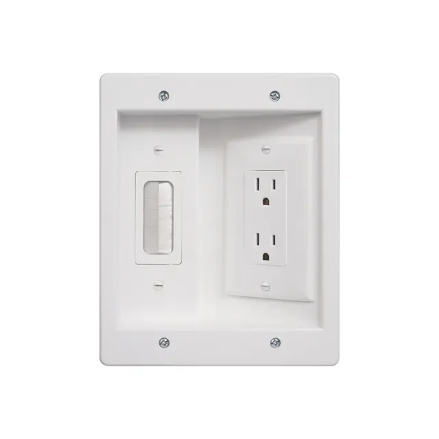 In Wall TV Connection Kit Provides Recessed Brush Plate with Duplex Receptacle