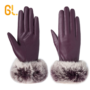 GL50 şarap kırmızı moda kürk süsleyin bayanlar toptan elbise özel kuzu derisi deri kış eldiven kadın - Product Image 3