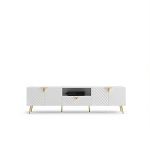 Mobile TV Gaines bianco lucido per TV da 65 pollici e oltre, mobile moderno da soggiorno con ripiano in MDF, montaggio a pavimento. - Product Image 1