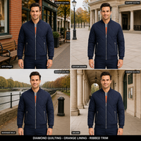 Blouson Bomber matelassé pour homme OEM, col montant côtelé, fermeture éclair métallique, doublure contrastante orange, léger et rembourré, idéal pour l'hiver, logo personnalisé