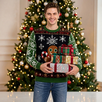 Pull de Noël vintage vert et noir pour homme, à manches longues, en tricot acrylique, motif bonhomme de pain d'épices