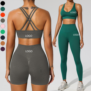 XW-059+061+062 Conjunto de 3 piezas: Shorts de cintura alta con efecto fruncido, leggings de entrenamiento y sujetador deportivo cruzado sin espalda para mujer, ropa deportiva para <span class=keywords><strong>gimnasio</strong></span> - Product Image 1