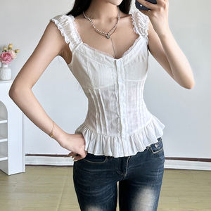 French <b>lace</b> trimmed small vest with accordion pleats slim-fitting pure color ruffle trim sleeveless <b>top</b> - Product Image 4