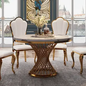 Runder Tisch mit italienischem Luxus rahmen aus Edelstahl mit drehbarem Esstisch aus weißem Marmor mit Leders esseln