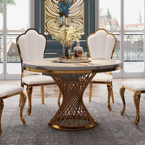 Juego de Comedor de Diseño Moderno con Mesa Redonda de Acero Inoxidable de Lujo Italiano con Centro Giratorio y Cubierta de Mármol Blanco y Sillas de Cuero - Product Image 3