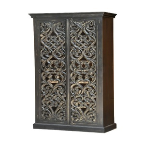 Hand-Carved Solid Wood <b>Wardrobe</b> Almirah with Ornate Floral Design | Antique Black Tall Storage Cabinet | Luxury Bedroom <b>Wardrobe</b> - Product Image 4