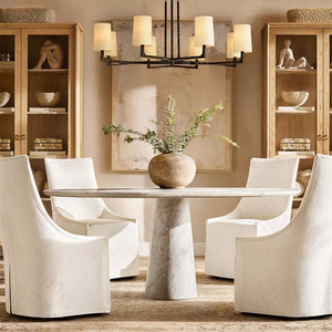 Table à manger en travertin naturel de luxe sur mesure, table à manger ronde en marbre moderne et simple, meubles faits à la main pour la maison, l'appartement et l'hôtel - Product Image 6