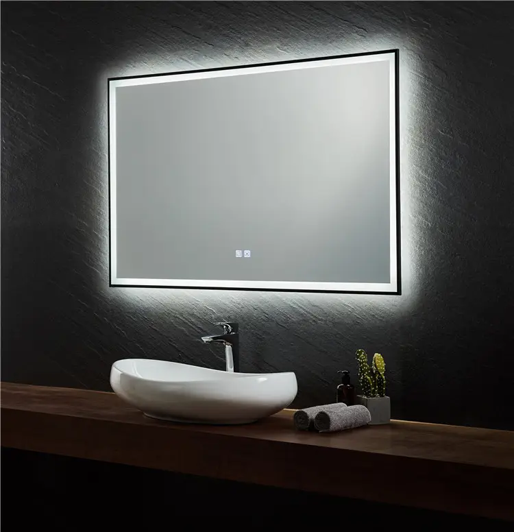 Hotel Bathroom Matt Black Steel Frame LED Mirrors Anti-fog Touch Screen Customize Elegant Bathroom Mirrors