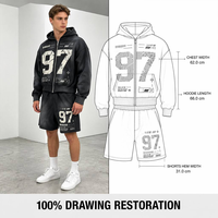 Ensemble de survêtement RAMAX 420GSM épais avec imprimé vieilli, sweat à capuche zippé et short, style streetwear Y2K pour hommes, vente en gros et personnalisation en vrac