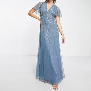 Nuevo Vestido Maxi Azul Sólido para Dama de Honor con Mangas con Volantes, Adorno Floral y Tul Transpirable - Product Image 1