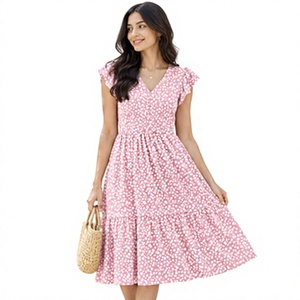Robe midi rose à imprimé floral, col en V, manches courtes, coupe trapèze, taille élastique, en coton respirant, décontractée, été/printemps - Product Image 1
