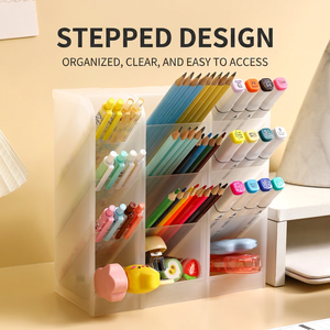 Slanted Insert <b>Pen</b> Holder <b>Multi</b> Compartment Desk Organizer For Student Stationery Storage Plastic Square Shape With Partitions - Product Image 2