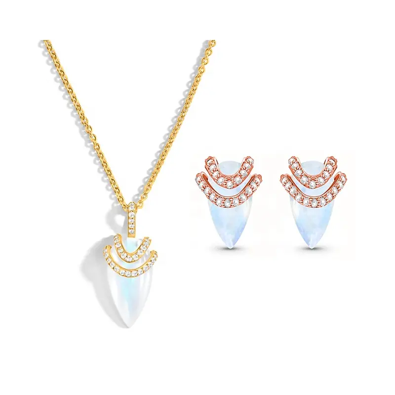 Charming Gold Plated Blue Moonstone Pendant Necklace Rose Gold Plating Stud Earrings 925 Silver Jewelry Set For Ladies