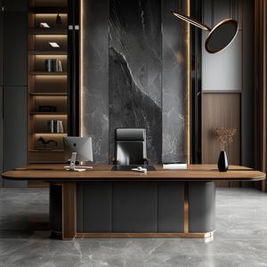 Bureau de direction moderne avec garniture dorée, grand bureau de PDG, bureau de direction contemporain, plateau en bois, poste de travail - Product Image 1