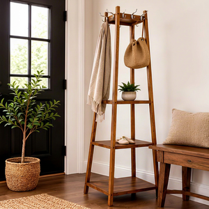 Perchero Plegable de Madera Maciza con Ruedas, 8 Ganchos y 3 Estantes, Diseño Escandinavo Moderno, Mueble para el Hogar - Product Image 1