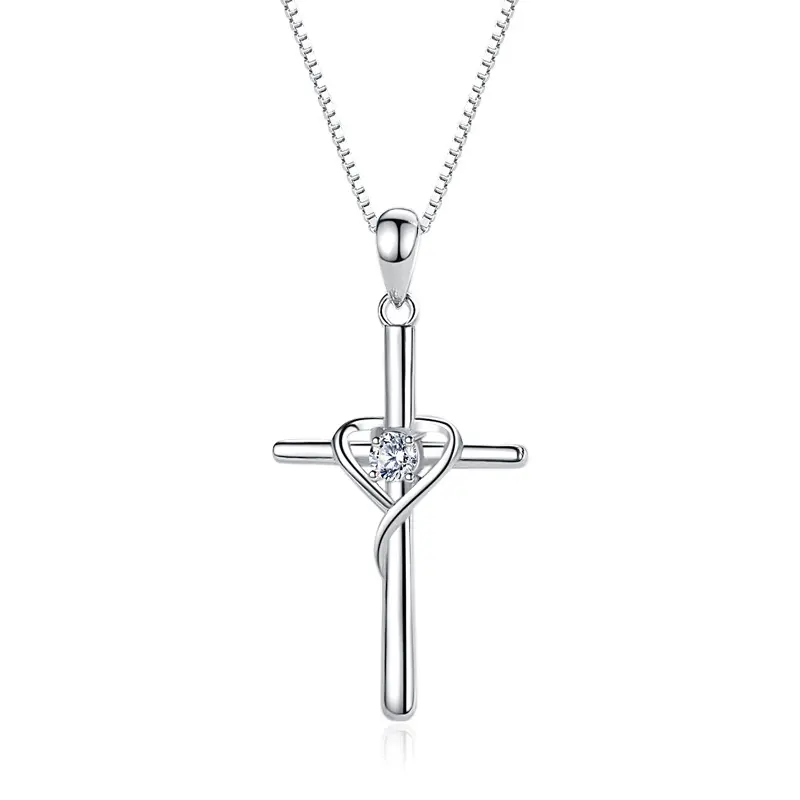 Silver Heart Cross Pendant Christian Necklaces Religious Jewelry 925 Sterling Chain CLASSIC Zircon Stock Jewelry 1pc/opp Bag