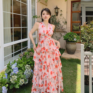 Vestido de estilo coreano con espalda abierta y cuello en V, lazo en la cintura, vacaciones en la playa, capa por capa, volantes, dobladillo grande - Product Image 6