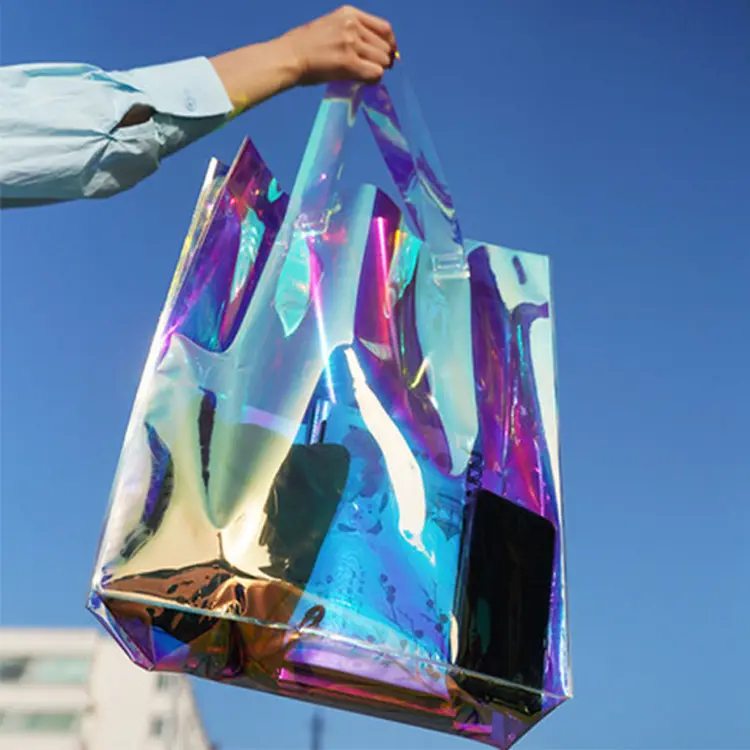 Low price custom logo luxury waterproof holographic laser PVC iridescent tote shopping bag
