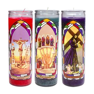 Spiritual Candles Wholesale Cheap Spiritual Saint Long Tall Offertory Jesus Glass Prayer Candles