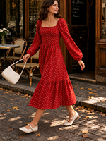 Nouvelle robe mi-longue décontractée pour femme, rouge à pois, col carré, manches longues, corsage smocké, jupe étagée en A