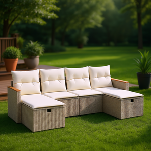 Ensemble de canapés de jardin beige avec rangement, 4 places, en rotin tressé, design contemporain pour patio ou cour - Product Image 2