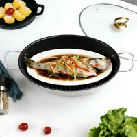 39cm Kohlenstoffstahl Antihaft-Kochpfanne mit Glasdeckel und Griffen für Heimküche, Outdoor-Kochen und Restaurant Fischdämpfer