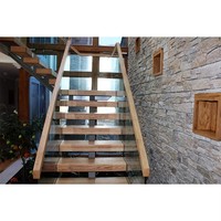 Système d'escalier avec poutre centrale en acier, marches en bois et balustrade à câbles