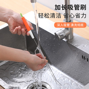 Straw Brush For Bottle Cleaning Orange Gray Stainless Steel Small Brush With Soft Bristles For Cup Lid And Straw - Product Image 2