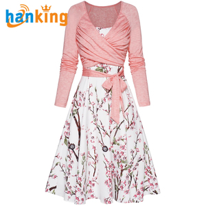 Ehanking Ensemble de 2 pièces pour femmes décontracté robe simple pour dames hauts plissés solides et robe à bretelles spaghetti à imprimé floral - Product Image 4