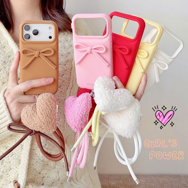 Korean-style 3D Bowknot Wrist Strap Silicone Gel Phone case for 17 Compatible with 14/15 Pro Max; Shockproof