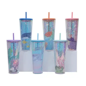 Wholesale Double Wall Plastic 750ml Large Capacity Creative Bubble Children Marine life Cartoon Tumbler with Lids and Straws