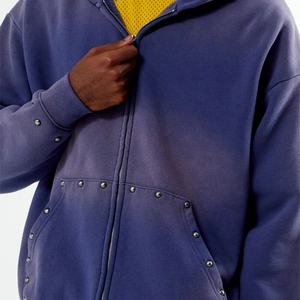 Sweat à capuche zippé intégral Streetwear pour Hommes, avec logo personnalisé, clouté métallique, en molleton épais délavé effet vieilli, coupe oversize - Product Image 3