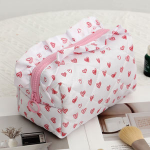 Sac de rangement cosmétique matelassé tendance pour filles, imprimé cœur, en tissu de coton, sac à maquillage à volants pour femmes, pour les voyages - Product Image 2